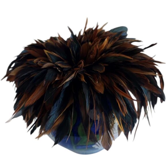 Vintage Thailand Hand Painted Blue & White Vase/Half-Bronze Rooster Feathers - Picture 5 of 8